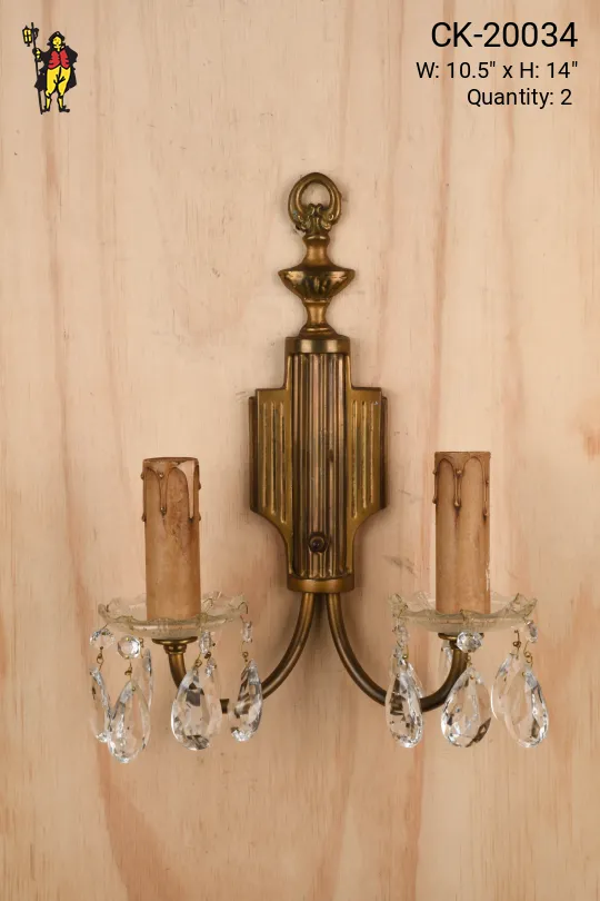 Antique Brass Two Candle Wall Sconce w/Crystal Drops