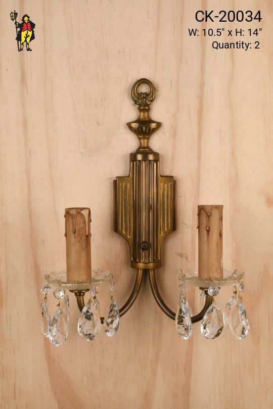 Antique Brass Two Candle Wall Sconce w/Crystal Drops