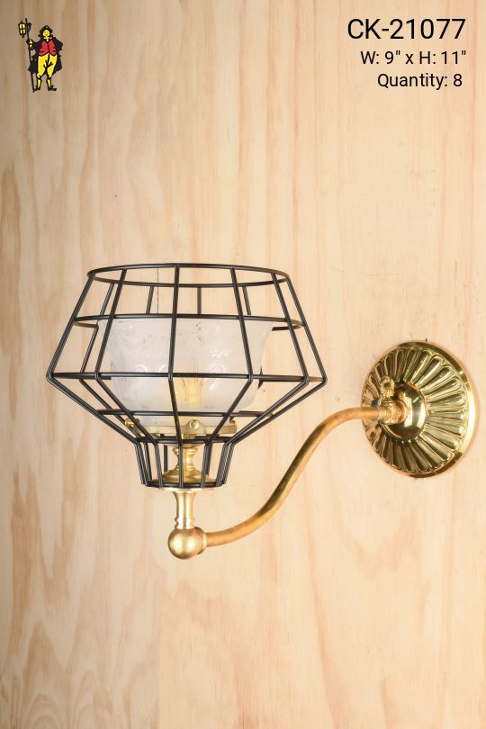 Polished Brass Single Light Faux-Oil/Gaslight Wall Sconce w/Black Cage