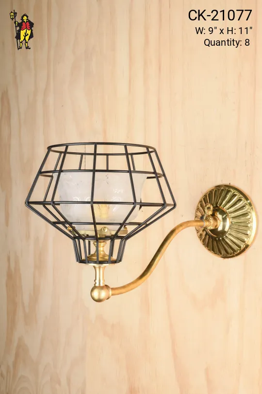 Polished Brass Single Light Faux-Oil/Gaslight Wall Sconce w/Black Cage