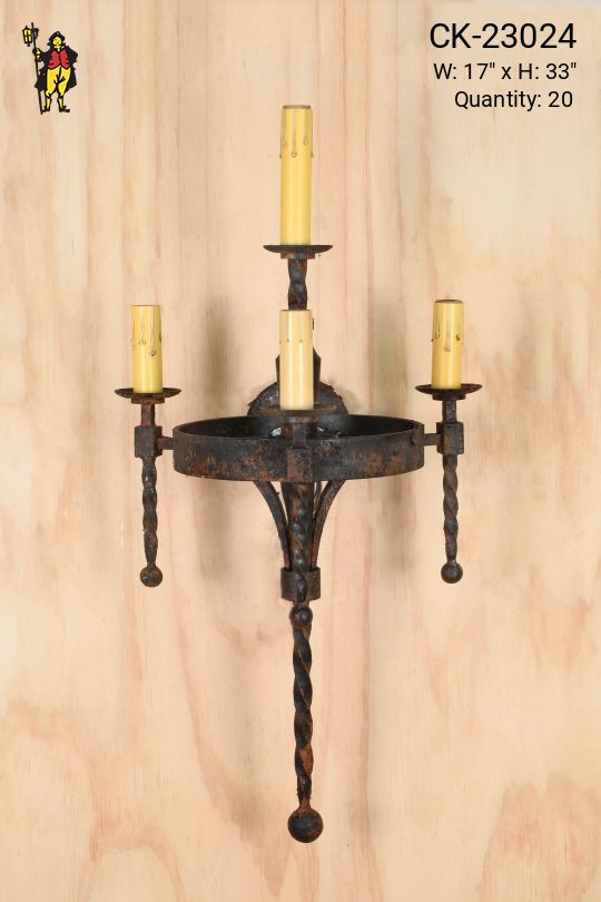 Four Candle Distressed Gothic Wrought Iron Wall Sconce