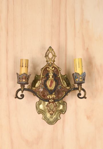 Two Candle Gothic Brass & Mica Wall Sconce