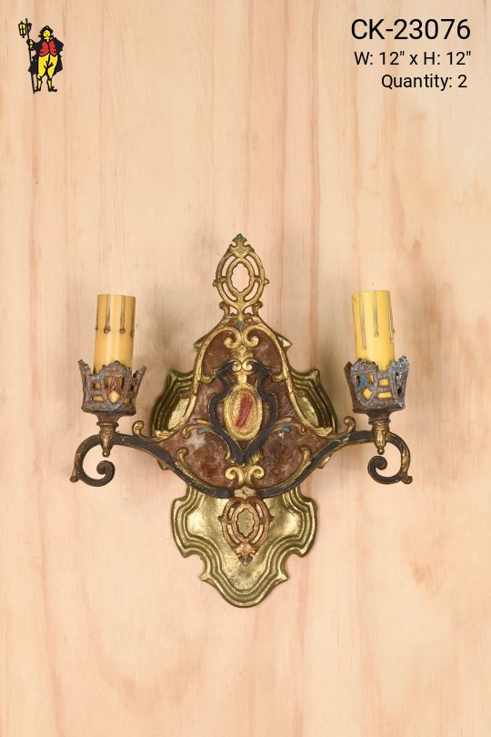 Two Candle Gothic Brass & Mica Wall Sconce
