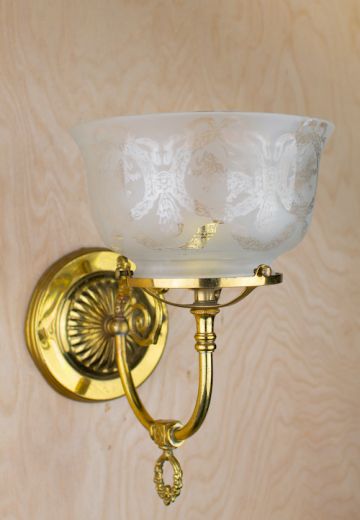 Brass Curved Arm Wall Sconce w/Etched Glass Bowl Shade