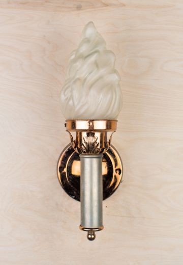 Polished Torch Style Pewter Wall Sconce With Flame Frosted Shade