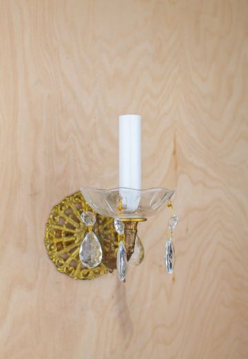 Brass Single Candle Wall Sconce w/Crystal Drops
