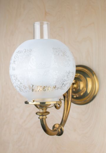 Curved Arm Wall Sconce w/Glass Etched Shade & Frosted Glass Chimney
