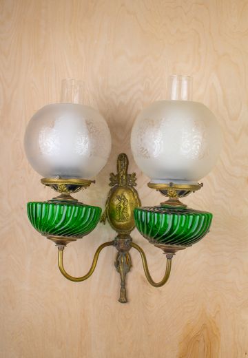 Two Light Gas Wall Sconce w/Frosted Globes & Chimney