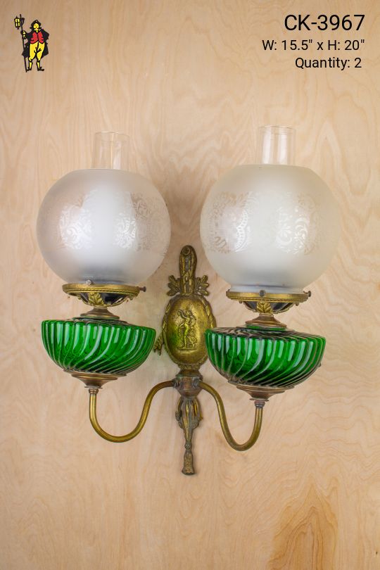 Two Light Gas Wall Sconce w/Frosted Globes & Chimney