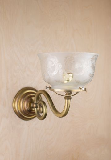 Curved Arm Brass Wall Sconce w/Etched Glass Bowl Shade