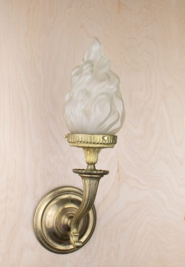 Brass Curved Arm Torch Sconce w/Glass Flame Shade