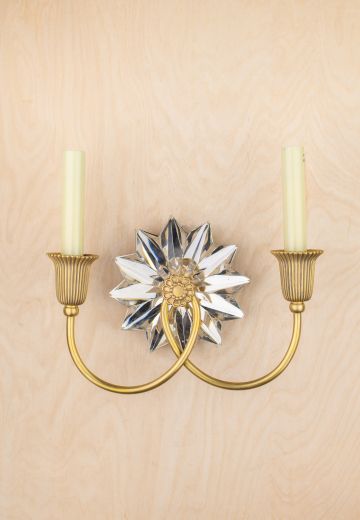 Glass Backplated Brass Two Candle Wall Sconce