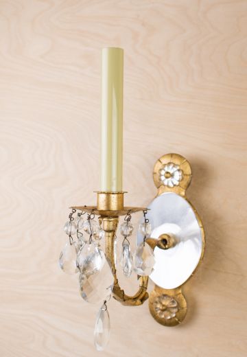 Single Candle Wall Sconce With Crystal Backplate & Crystal Drops