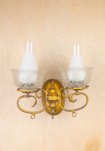 Two Light Brass Wall Scone w/Etched Glass Bowl Shades & Glass Chimney
