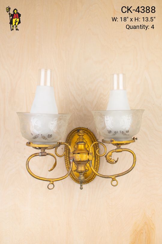 Two Light Brass Wall Scone w/Etched Glass Bowl Shades & Glass Chimney
