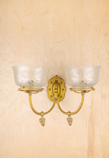 Two Curved Arm Brass Wall Sconce w/Etched Glass Bowl Shades
