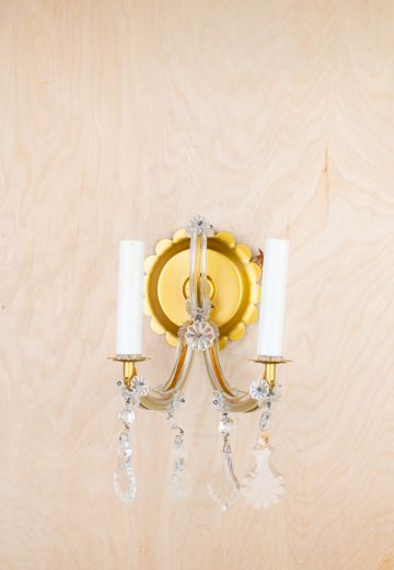 Two Candle Brass Wall Sconce w/Crystal Drops