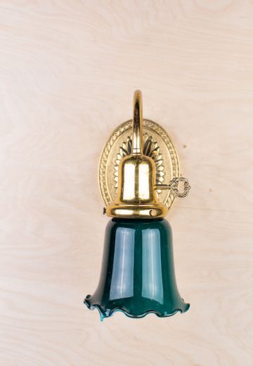 Single Light Polished Brass Wall Sconce With Green Glass Shade