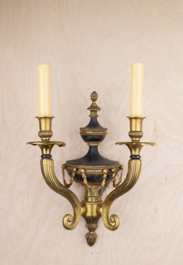 Two Candle Art Deco Black & Brass Wall Sconce