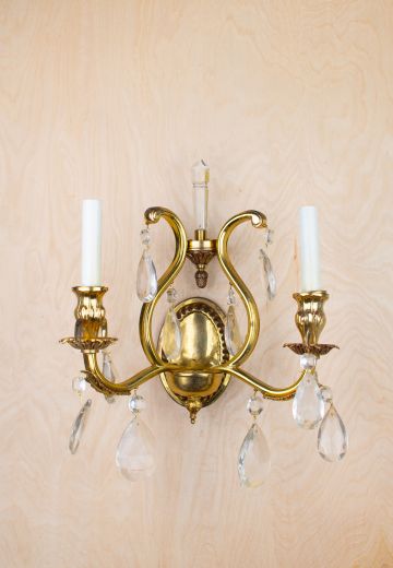 Brass Two Candle Wall Sconce w/Crystal Drops
