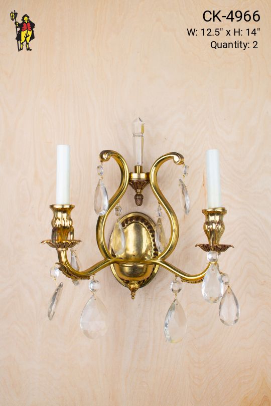 Brass Two Candle Wall Sconce w/Crystal Drops