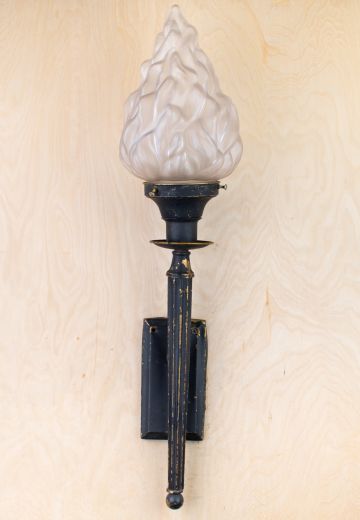 Black & Gold Torch Wall Sconce w/Glass Flame Shade