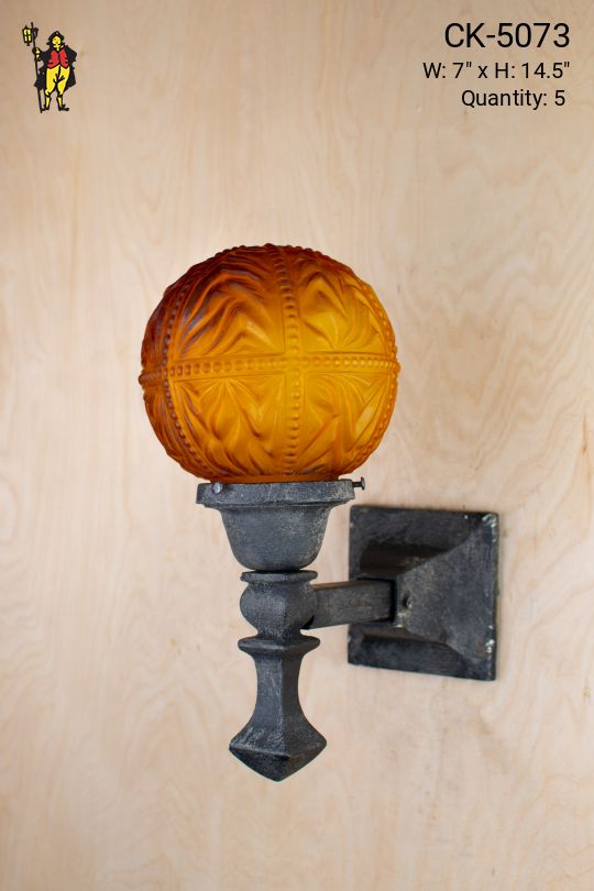 Old Black Wall Sconce w/Amber Glass Globe
