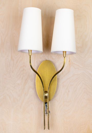 Two Light Curved Arm Brass Wall Sconce
