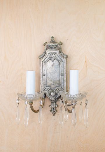 Gothic Silver Two Candle Wall Sconce w/Crystal Drops