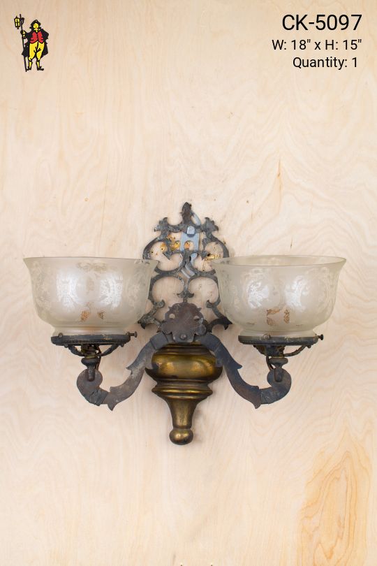 Victorian Two Light Wall Sconce w/Etched Glass Bowl Shades