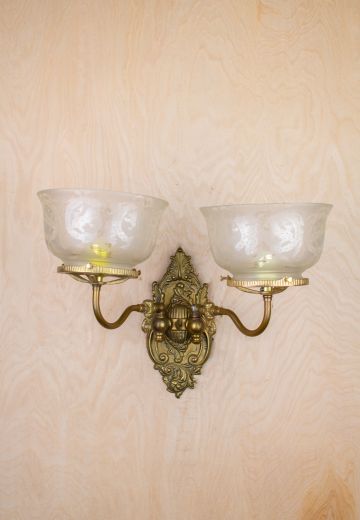 Old Two Arm Wall Sconce w/Etched Glass Bowl Shades