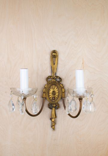 Antique Brass Two Candle Wall Sconce w/Crystal Drops