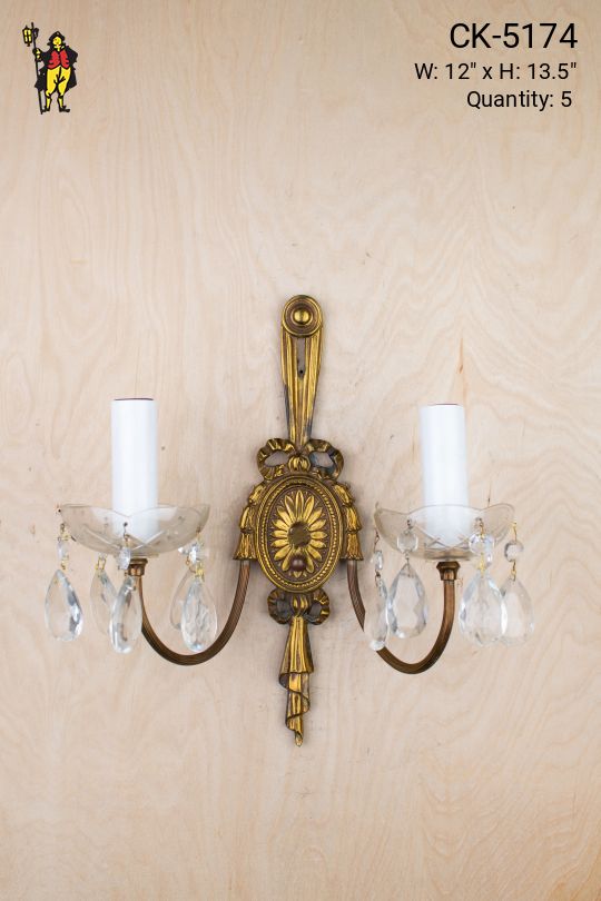 Antique Brass Two Candle Wall Sconce w/Crystal Drops