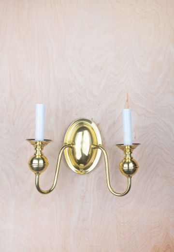 Two Candle Curved Arm Polished Brass Wall Scone
