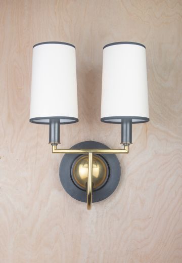 Matte Black & Gold Two Candle Wall Sconce w/Black & White Shade