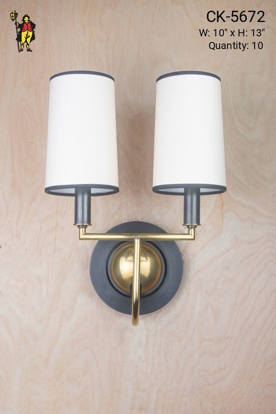 Matte Black & Gold Two Candle Wall Sconce w/Black & White Shade