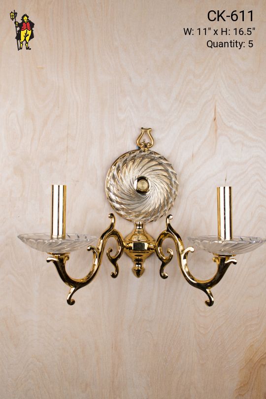 Two Arm Polished Brass Wall Sconce With Crystal Shades & Backplate