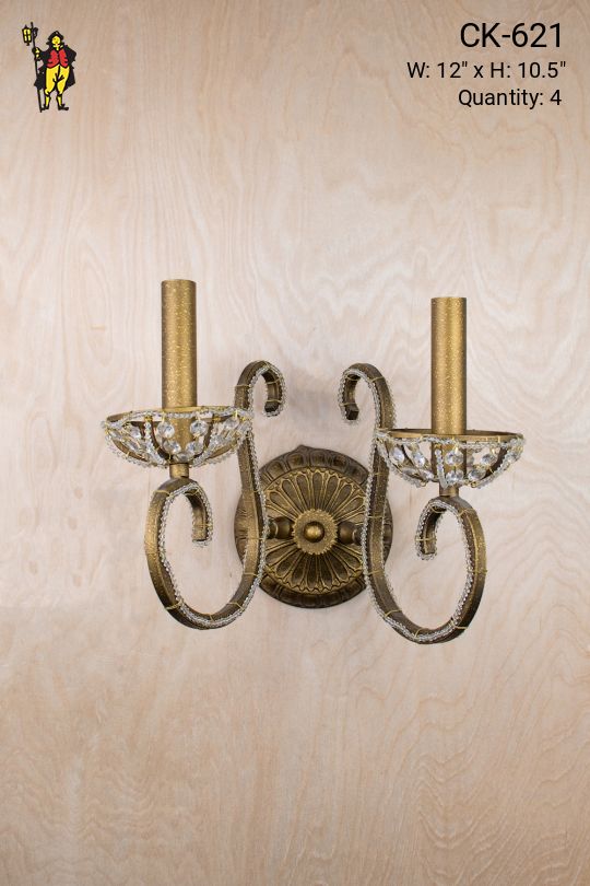 Two Candle Bronze & Crystal Wall Sconce