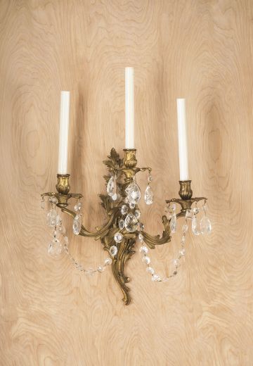 Three Candle Deco Wall Sconce w/Crystal Drops