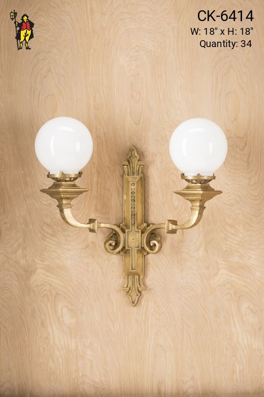 Two Light Brass Wall Sconce w/White Globes