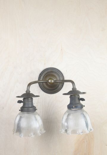 Two Light Antique Brass Wall Sconce w/Holphane Shades
