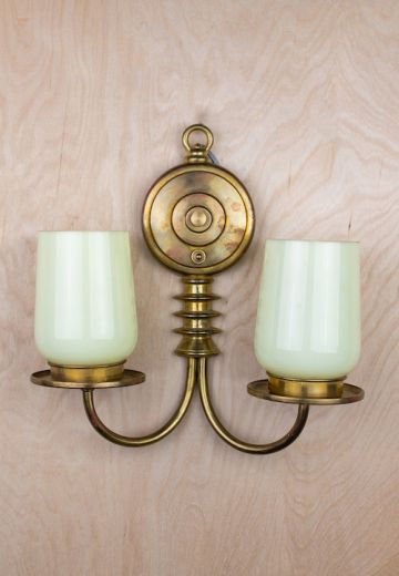 Two Arm Mid Century Wall Sconce With Green Glass Shades