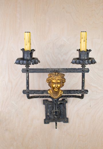 Wrought Iron Gothic Two Candle Wall Sconce w/Brass Bust
