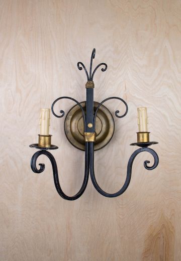Wrought Iron & Antique Brass Two Light Wall Sconce