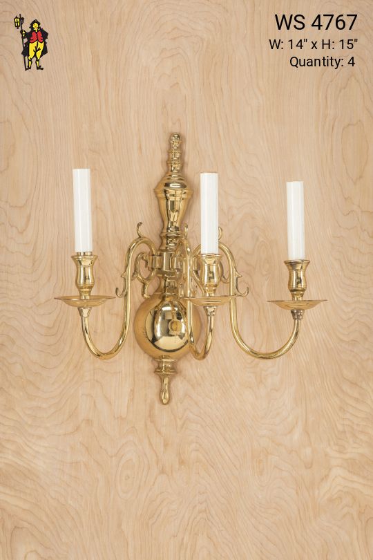 Three Candle Polished Brass Wall Sconce